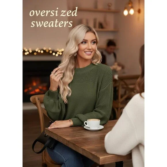 Women's Green Long Sleeve Jumper Sweaters Tops Loose Crewneck Knit Pullover - Picture 4 of 6